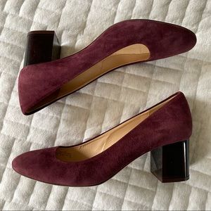 J Crew Lucite Block Heel Suede Vintage Cabernet Pumps Sz 9